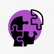a purpple circule overlayed with back jigsaw pieces forming a stylised head sybmolising connected thoughts